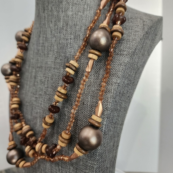 Layered Earth Tone Beaded Infinity Necklace – Wood & Bronze Accents - Picture 2 of 6